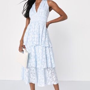 Lulus Make It Mesmerizing Light Blue Jacquard Tiered Midi Dress - Size M
